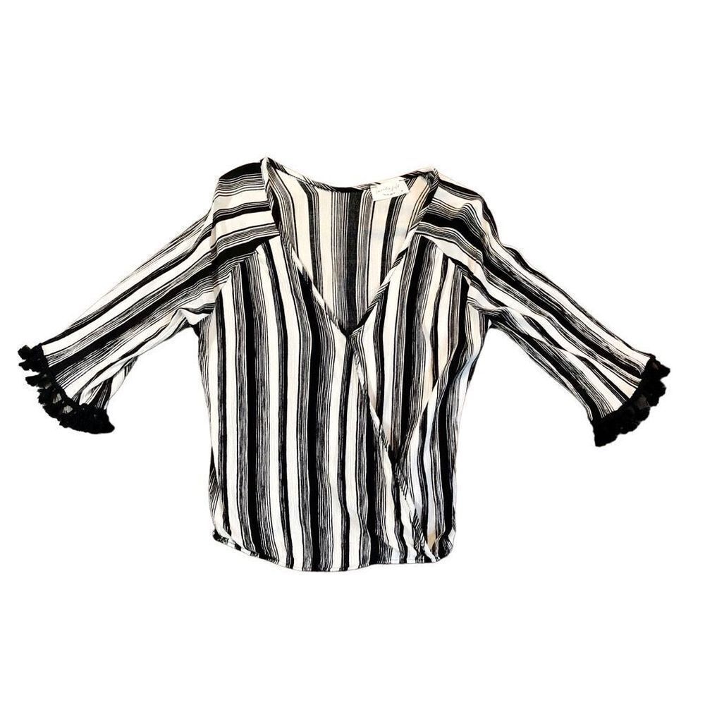 Lavender Field Black White Strips Wrap Top with Fringe Size M